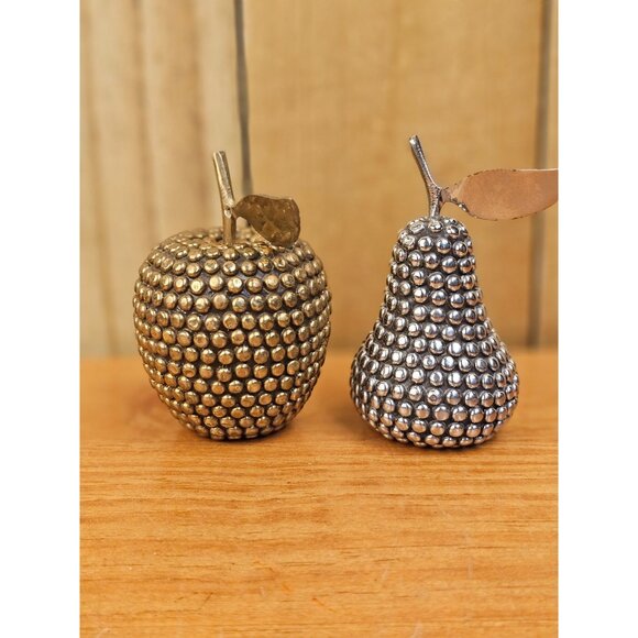 Pair of Studded Decorative Brass and Silver Toned Apple and Pear - Picture 1 of 6